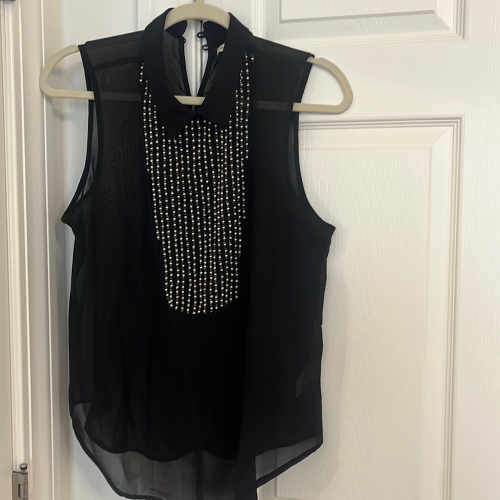 Sleek & sexy sheer high neck black top with beading, Medium/Large flowy.